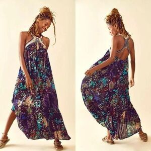 FREE PEOPLE Rayon ART FLORAL Print SEQUIN CROCHET Halter MONARCH MAXI Dress L